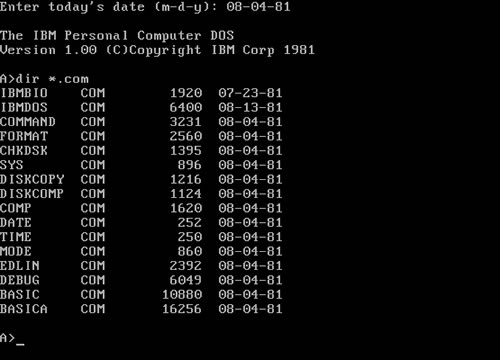 IBM PC DOS 1.0 command-line operating system running from a boot floppy disk