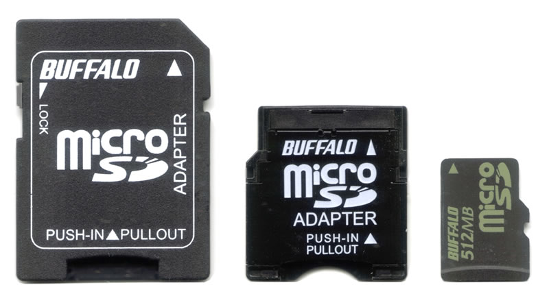 A 512 MB microSD memory card with an SD adapter