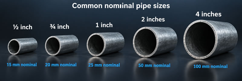 Common nominal pipe sizes showing inch designations above and metric equivalents below