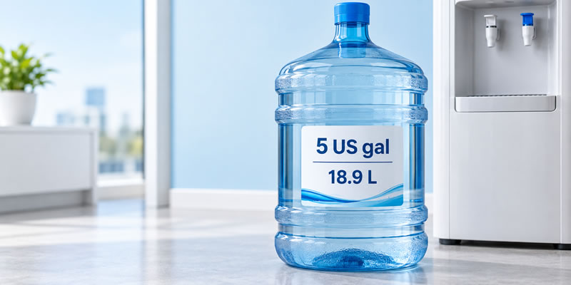 Five US gallon water-cooler bottle showing an equivalent capacity of 18.9 litres