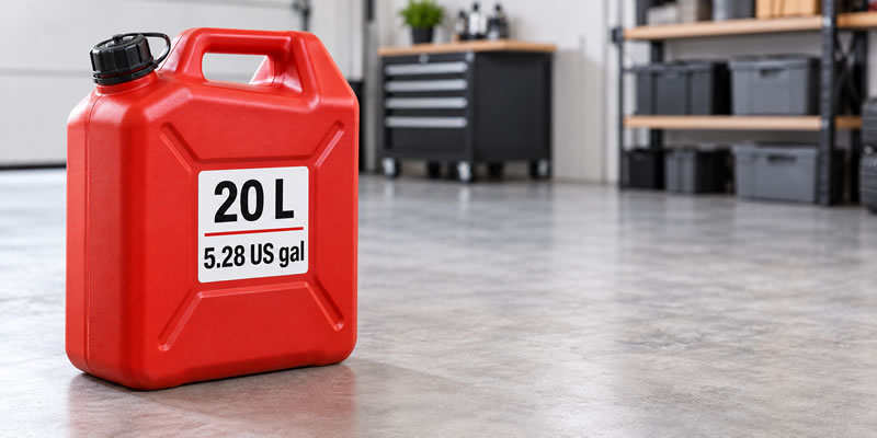 Red 20-litre fuel can showing an equivalent capacity of 5.28 US gallons