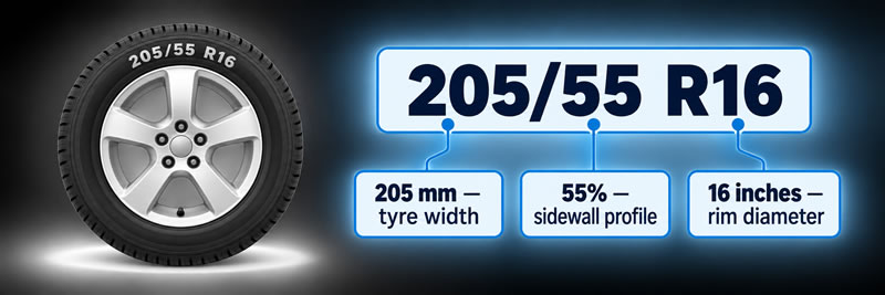 Tyre marked 205/55 R16, showing a 205 millimetre width, 55 percent sidewall profile and 16-inch rim diameter